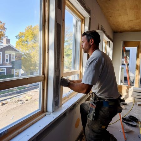 Artisan menuisier en plein travail de pose et rénovation de fenêtres à Vernon dans une maison en chantier