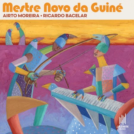 Illustration aux couleurs chaudes représentant deux musiciens abstraits pour le nouveau single de Ricardo Bacelar et Airto Moreira, intitulé "Mestre Novo da Guiné".