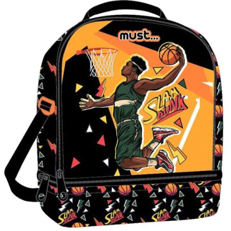 Un sac à dos NBA enfant noir et orange avec l'illustration d'un joueur qui dunk.